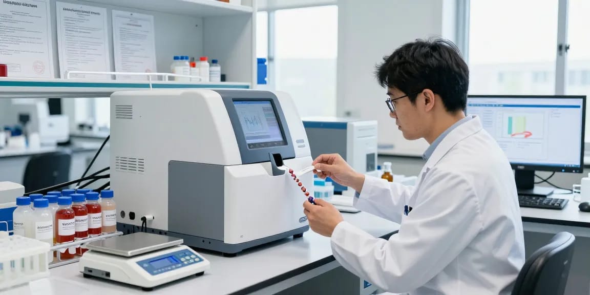 Researcher analyzing Canadian research peptides in a modern lab with HPLC machine and certificates of analysis.