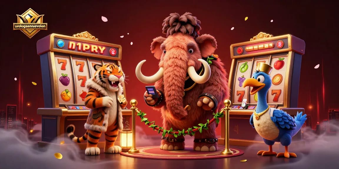 Engaging action at urologaennuevoleon with a woolly mammoth bouncer checking IDs amid thrilling slot machine visuals.