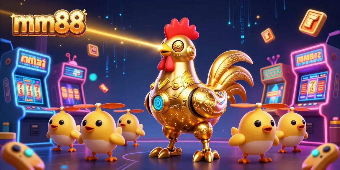 Experience the excitement of mm88 with a golden rooster robot and vibrant slot game elements.