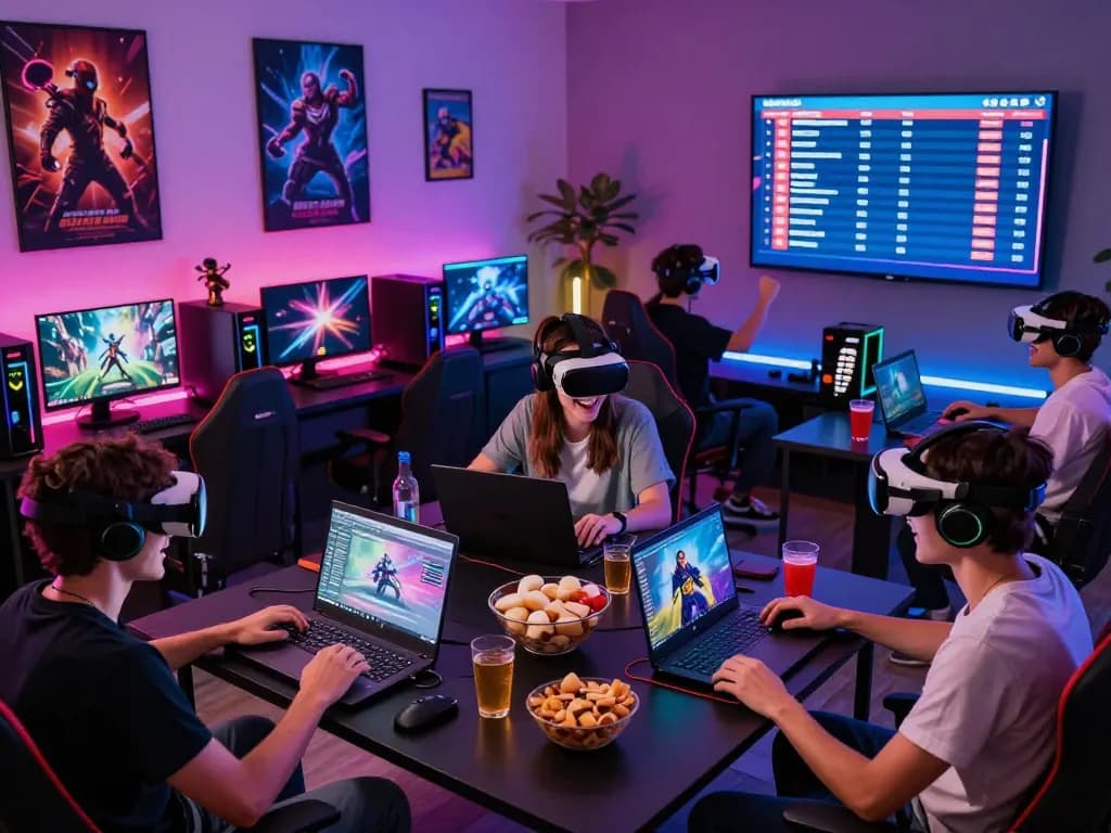 Exciting gaming atmosphere with friends enjoying autowin88 experience in a modern setup.
