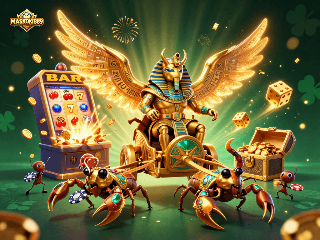 Experience exciting gaming with MASKOKI889 through a vibrant casino scene showcasing a golden scarab and slot machine.