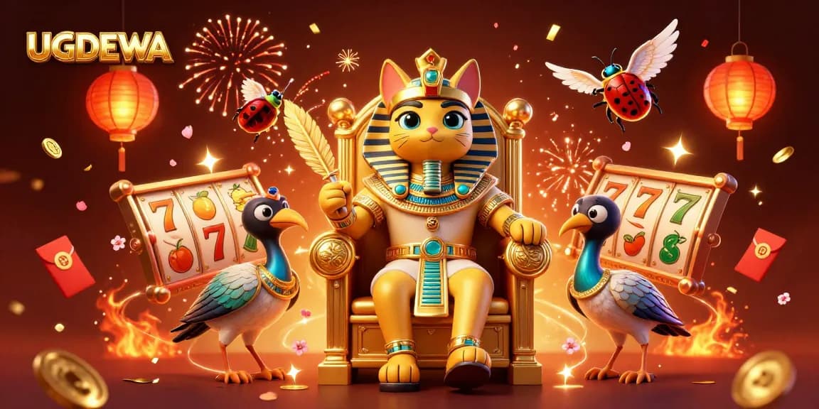 Win big at UGDEWA with engaging slot reels and vibrant casino elements surrounding illustrated characters.