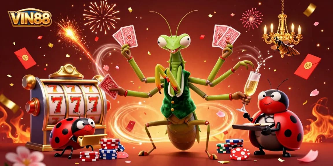 Experience the action at VIN88 with a dynamic scene of casino characters and vibrant slot elements.
