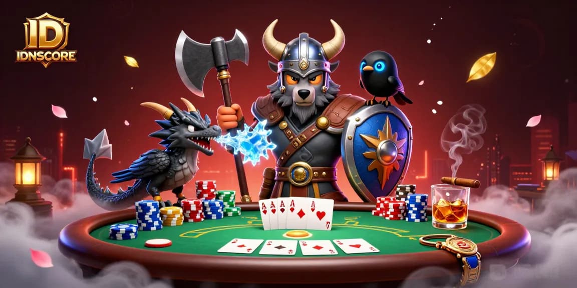 IDNSCORE platform game illustration featuring interactive characters and vibrant poker elements