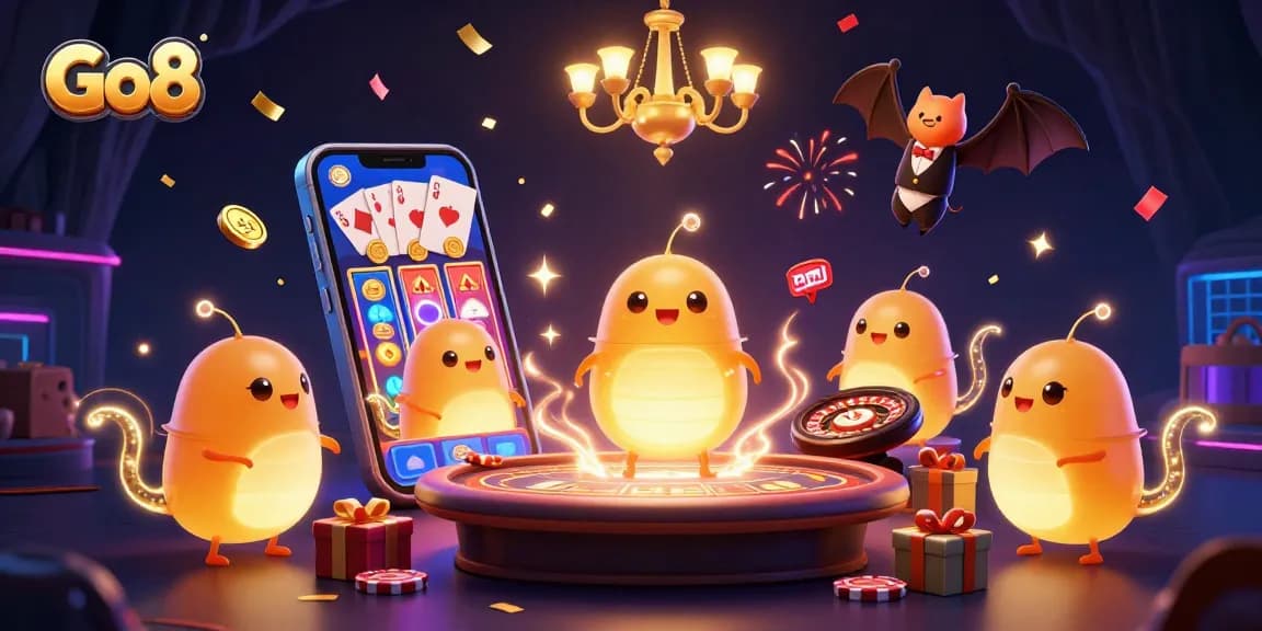 Engage with Go8’s vibrant casino scene showcasing animated glowworms lighting a thrilling gaming atmosphere.