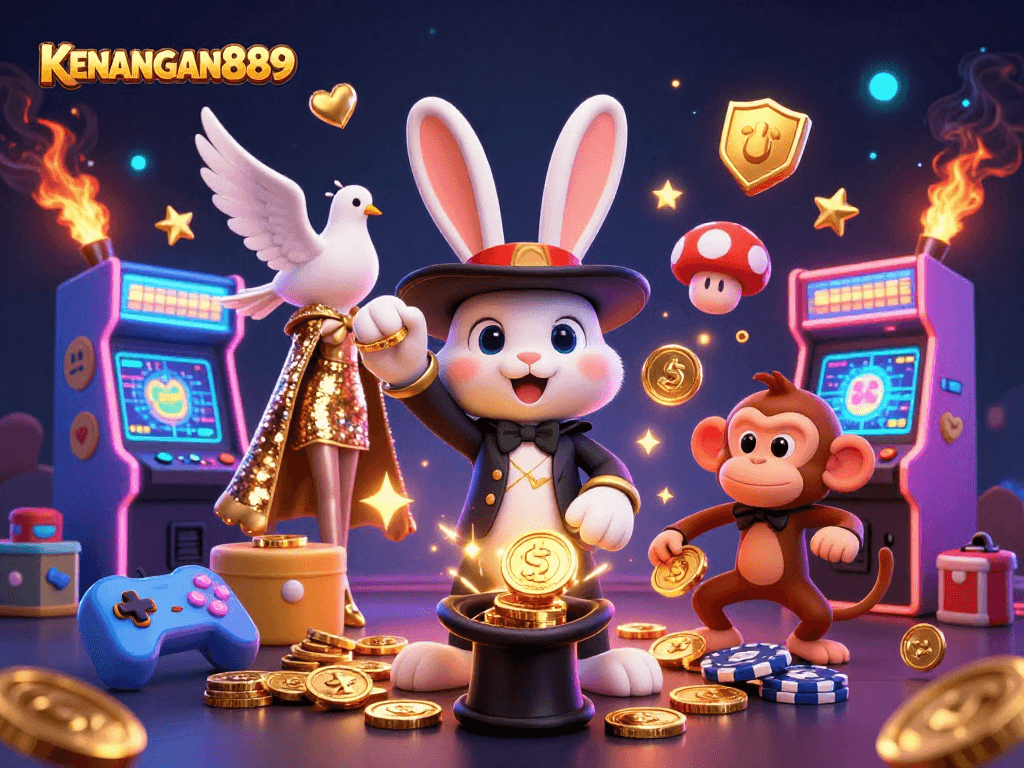 Engage with KENANGAN889's mesmerizing casino magic scene featuring a magician rabbit, dove, and monkey.