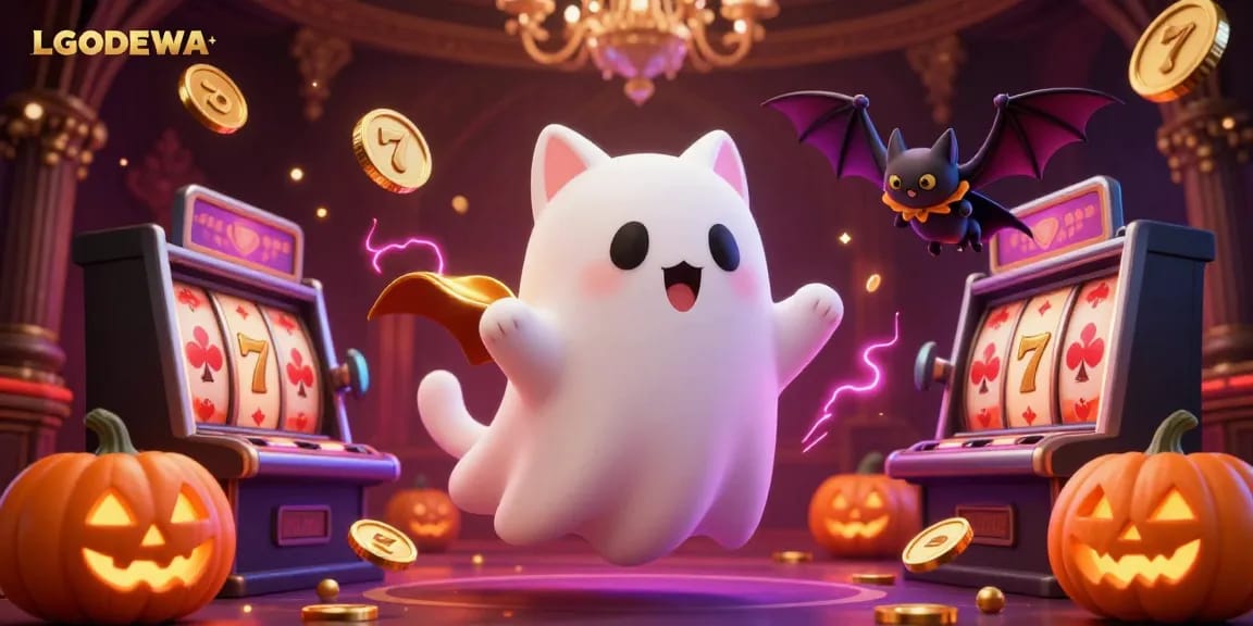 Experience thrilling gameplay at LGODEWA with a vibrant haunted casino scene filled with ghostly characters and slot machines.