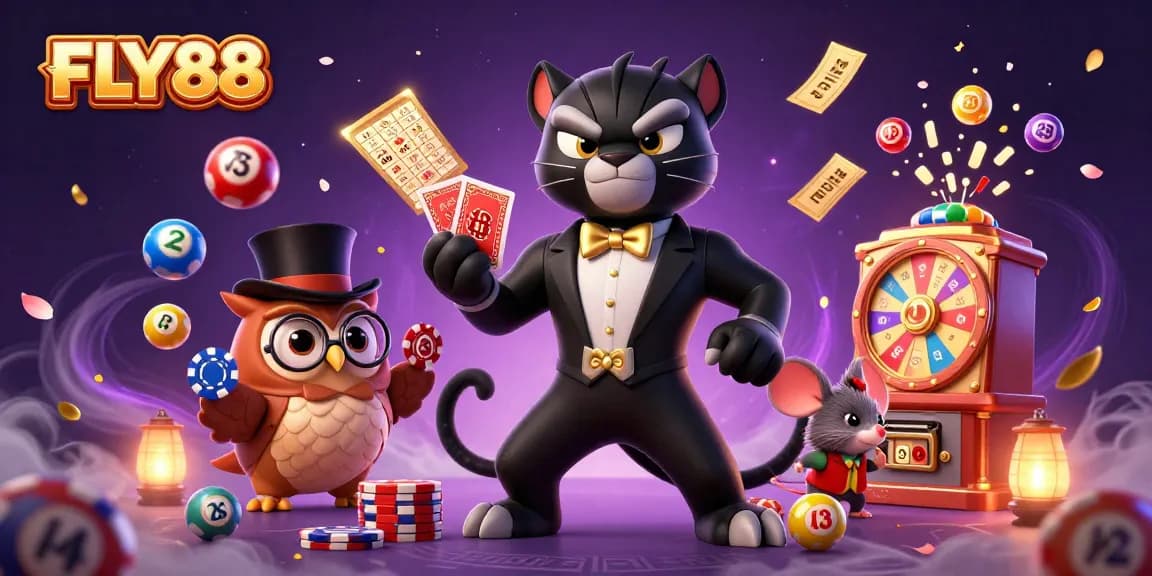 FLY88 features an impressive illustration of a tuxedo-clad panther, enhancing online casino excitement.