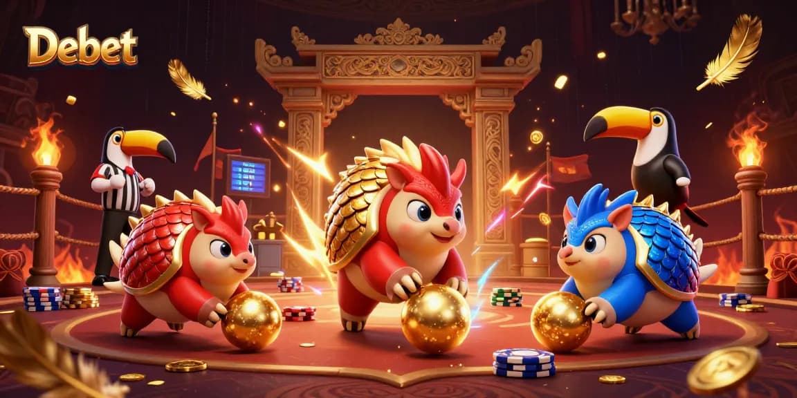 Experience thrilling gameplay at Debet with rival pangolins and poker chips in a vibrant casino scene.