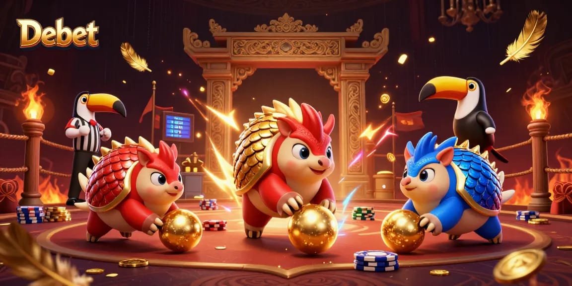 Experience thrilling gameplay at Debet with rival pangolins and poker chips in a vibrant casino scene.