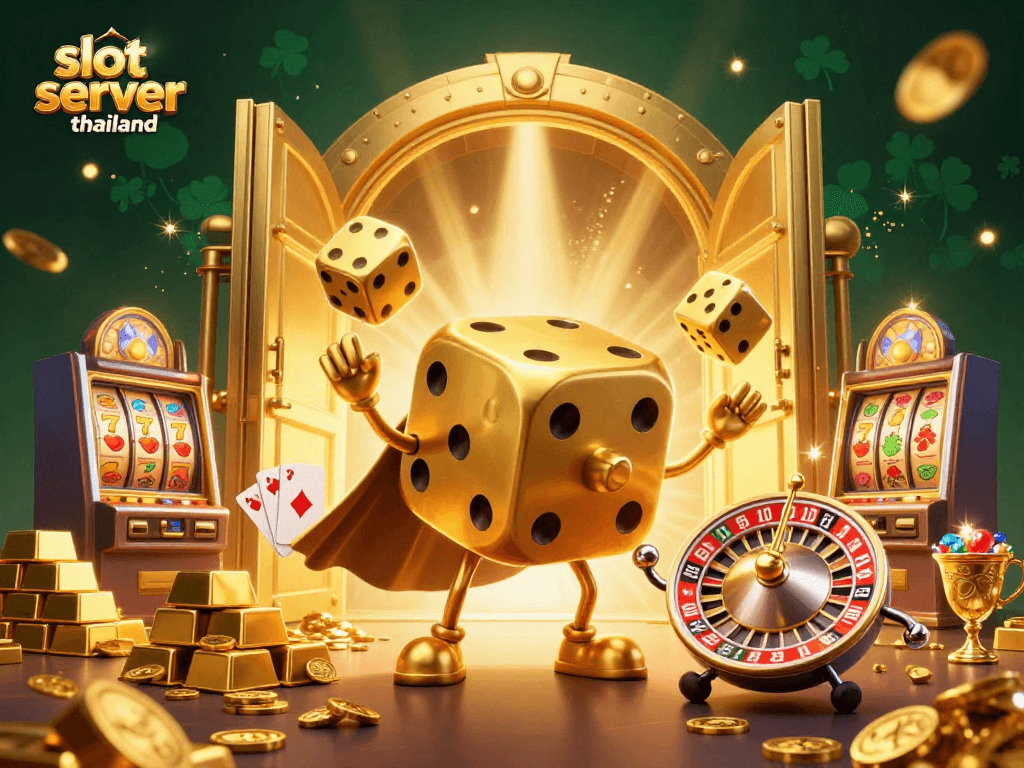 Engage in thrilling action with slot server thailand's vibrant casino scene, featuring golden dice characters.
