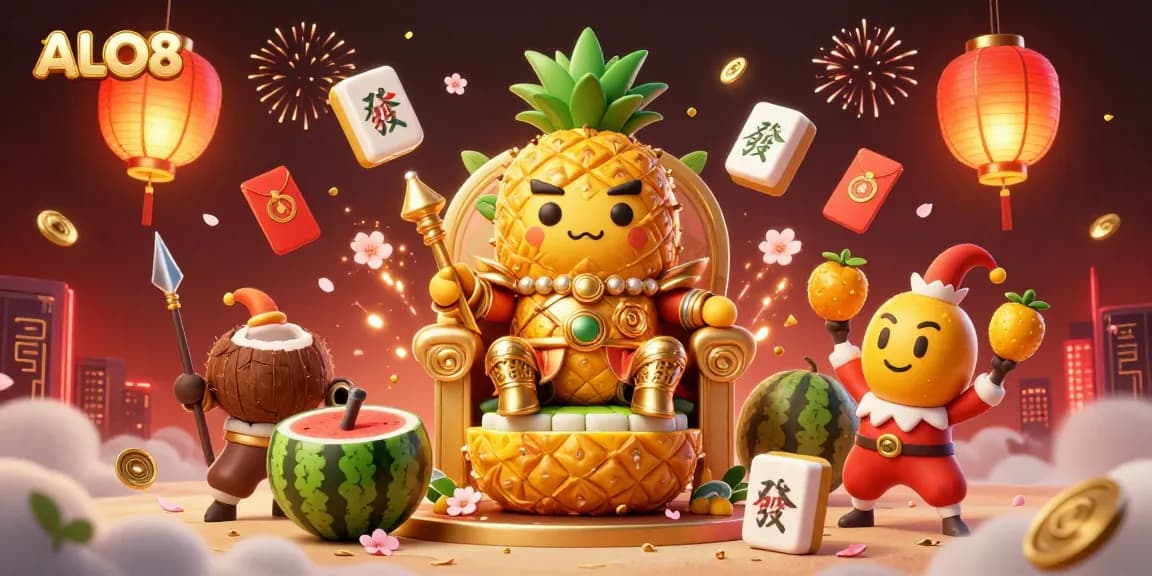 Experience vibrant casino atmosphere with ALO8's golden pineapple king amid festive game elements.