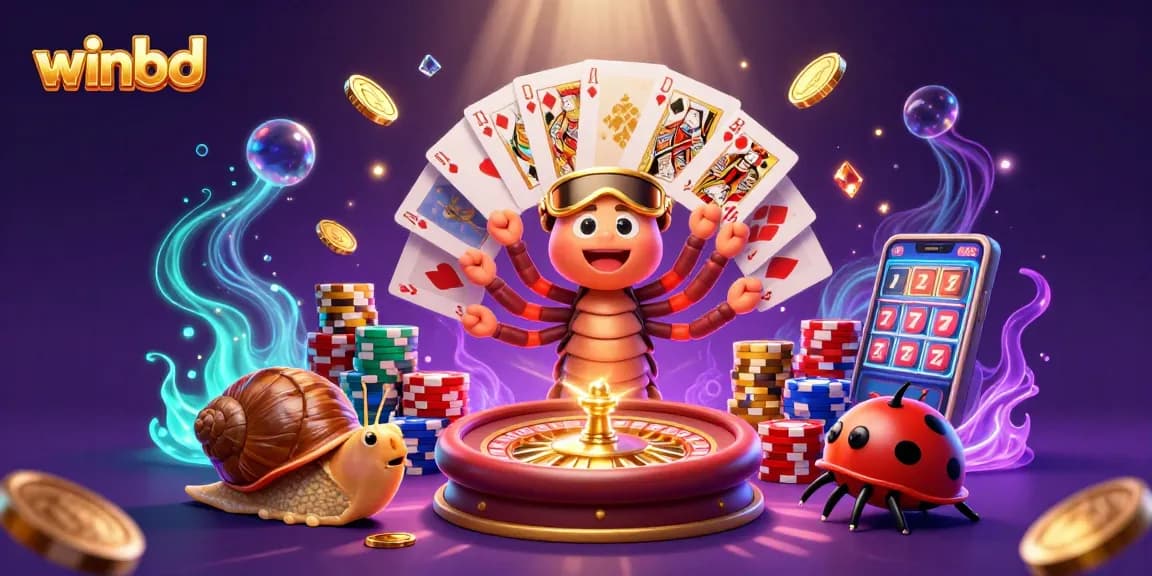 Winbd's lively digital casino scene featuring an animated millipede dealer and winning cards.