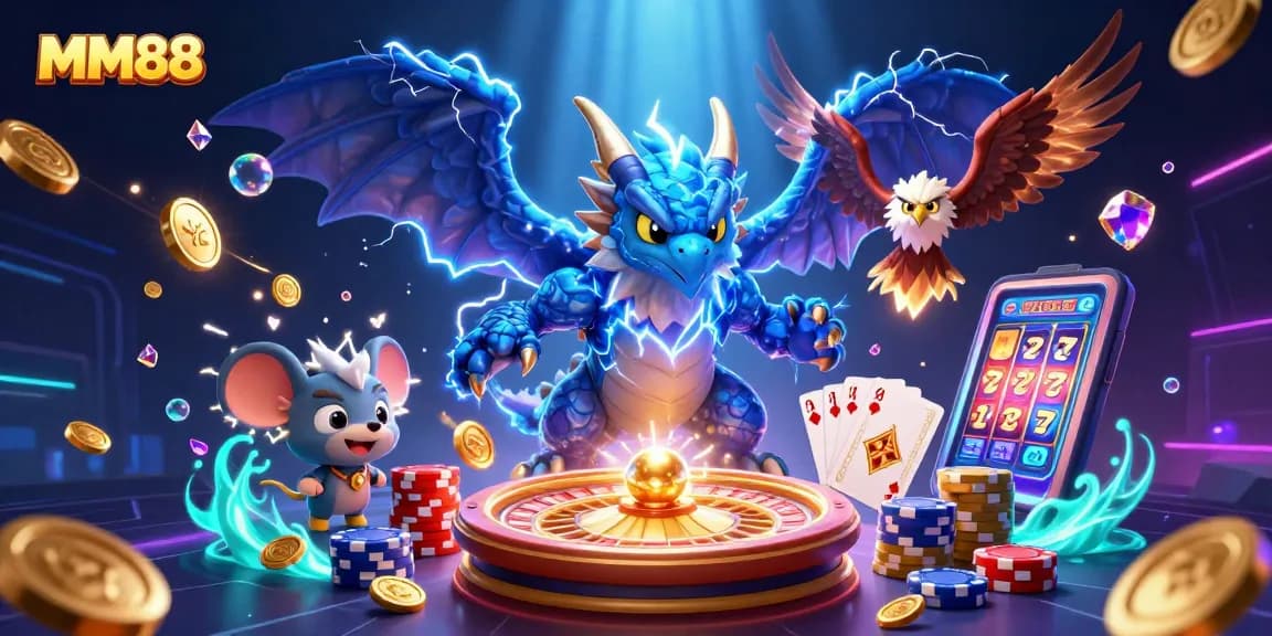 Experience thrilling MM88 wins with vibrant characters and dynamic casino elements in a captivating 3D illustration.