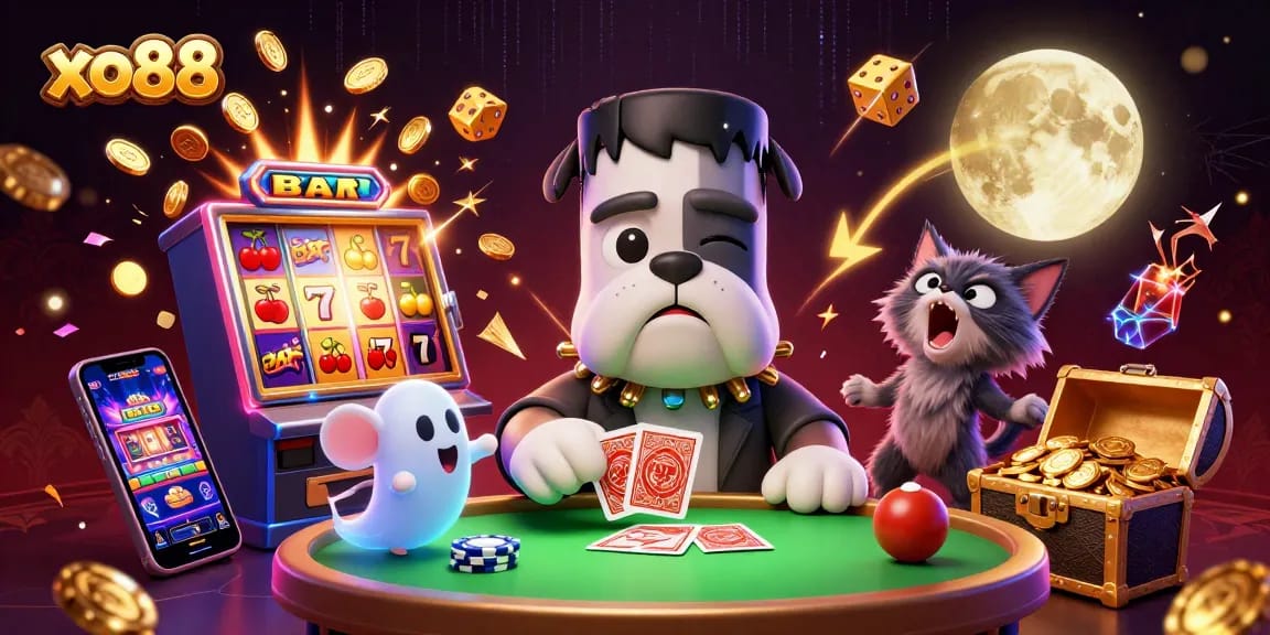 Experience thrilling gameplay with xo88 as a bulldog dealer navigates a spooky casino!