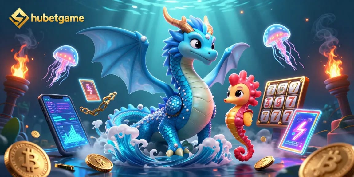 Engage with hubetgame's vibrant 3D illustration featuring a magical dragon and thrilling slot reels.