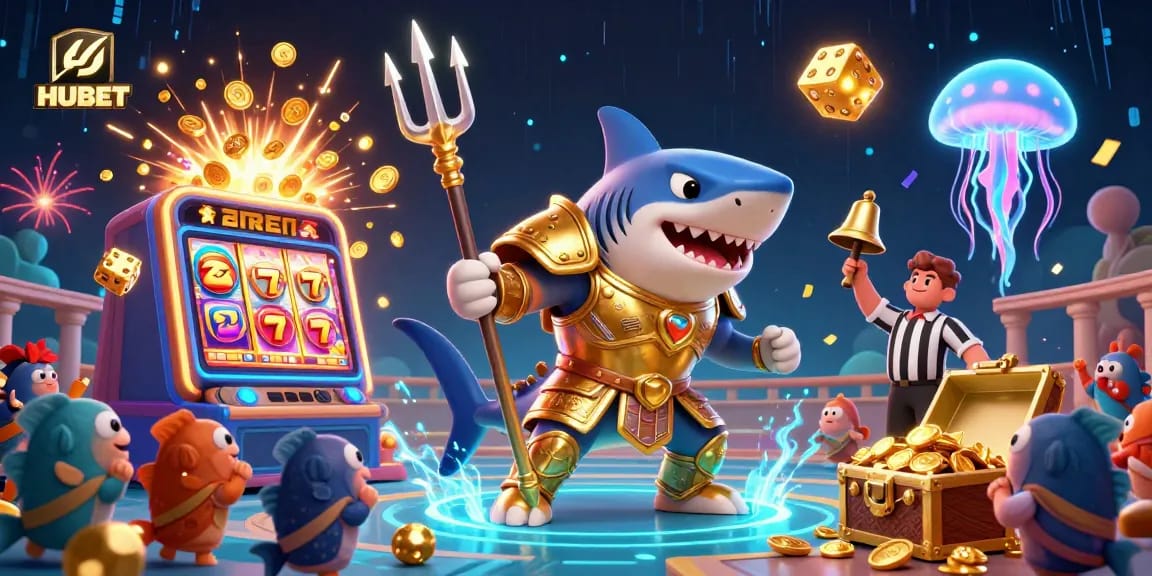 Experience the thrilling HUBET casino with a dynamic underwater scene featuring a tiger shark and vibrant gaming elements.
