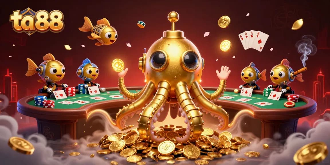 Engage in the thrilling world of ta 88 poker with a dramatic scene of a golden kraken submarine amidst towering poker chips and cards.
