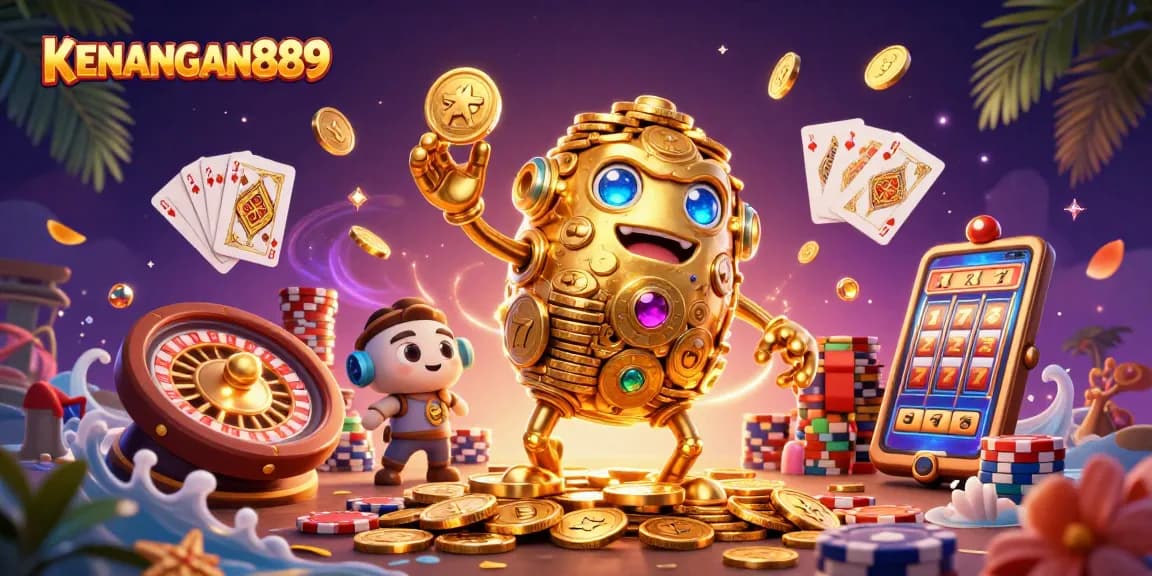 Experience thrilling wins at KENANGAN889 with 3D golden golem and vibrant casino symbols.