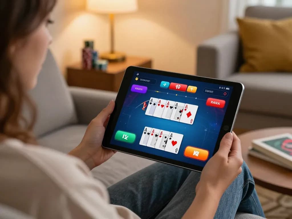 Playing poker on tablet at home with 79club app, showcasing colorful interface and relaxed environment.