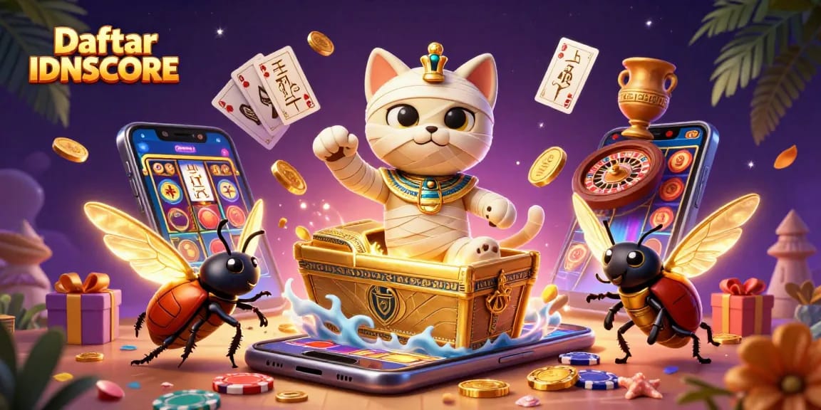 Play slots at Daftar IDNSCORE with Egyptian-themed gaming characters and vibrant casino elements.