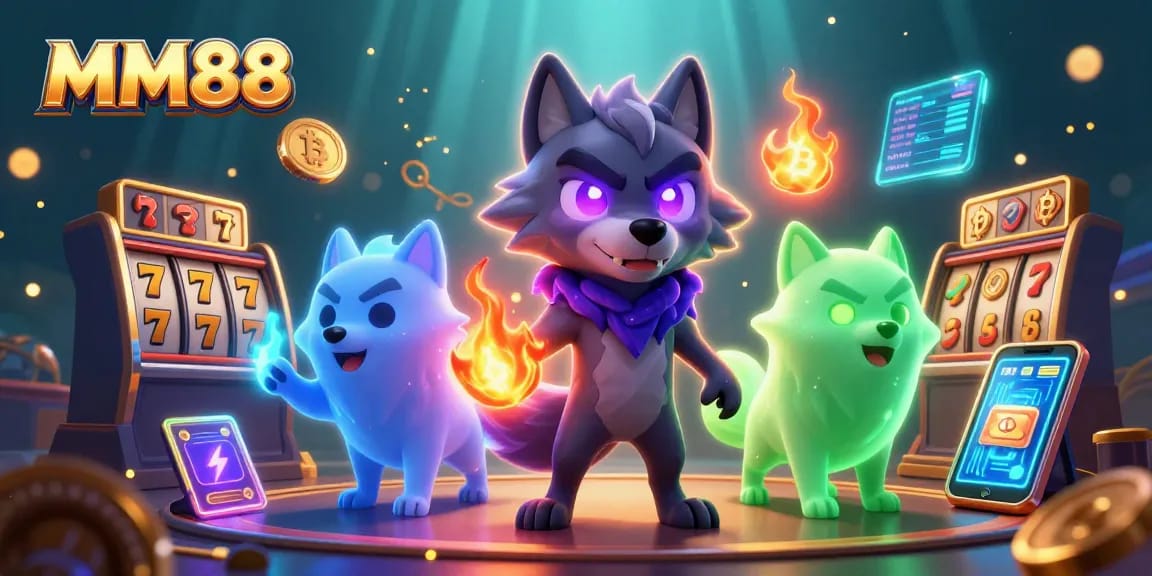 Engage in electrifying gameplay at MM88, featuring dynamic casino action and animated wolf characters.