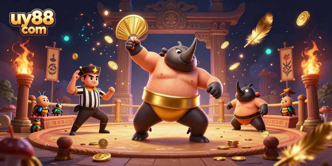 Experience the thrill of uy88 com with a courageous rhinoceros beetle sumo champion amidst flying coins.