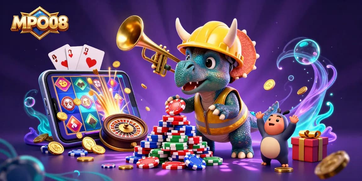 MPO08 showcases a vibrant 3D scene with playful characters celebrating a casino theme, spinning slots, and poker chips.