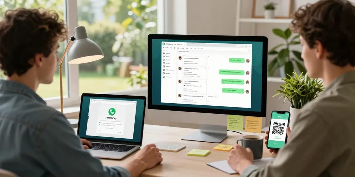 专注用户在时尚的家庭办公室中使用WhatsApp网络版,展示无缝通信与连接性。
