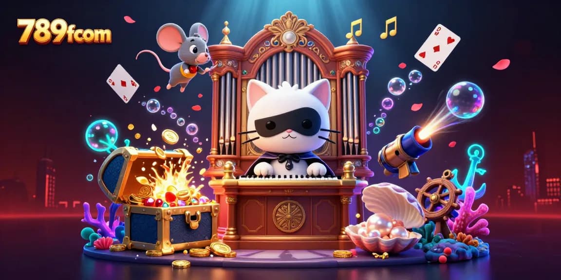 Experience a vibrant casino scene with 789fcom featuring a whimsical cat, glowing treasures, and floating cards.