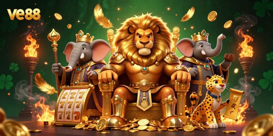 Experience excitement with ve 88 in this vibrant 3D casino scene featuring a lion king.