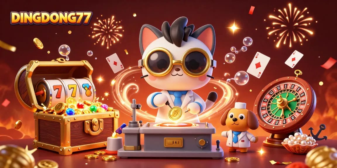 DINGDONG77 illustrates players enjoying vibrant slot games and jackpots in a colorful casino scene.