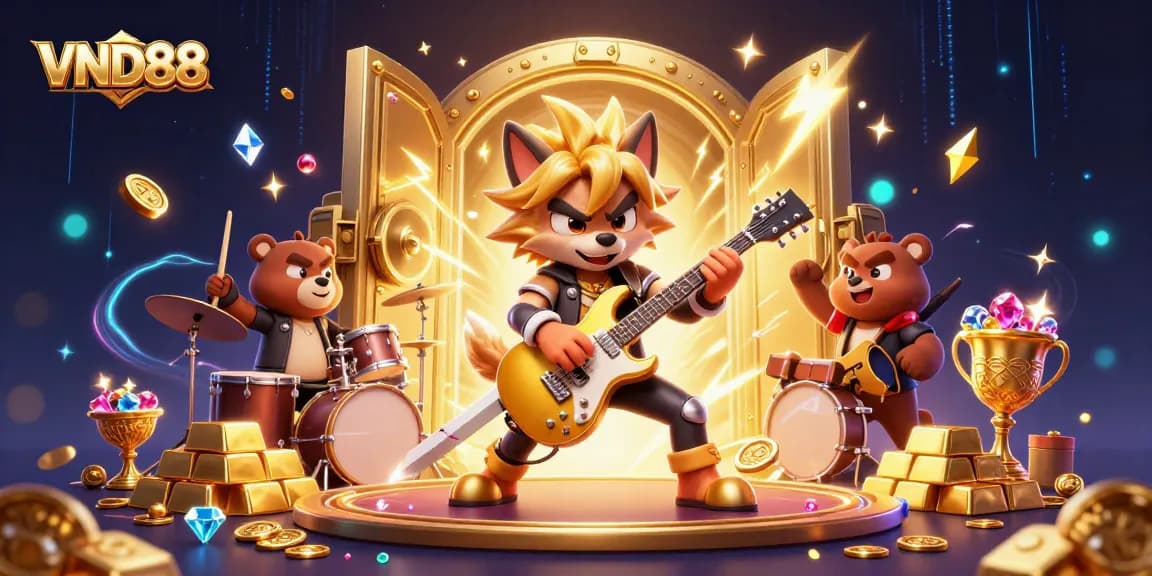 VND88 ignites excitement with a rock star wolf and bear performing in a lavish casino scene.