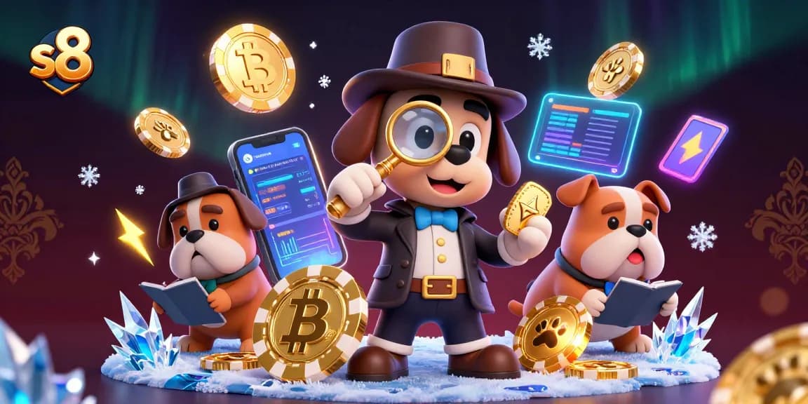 Uncover thrilling moments at s8 casino with a detective exploring poker chips amidst crypto treasures.