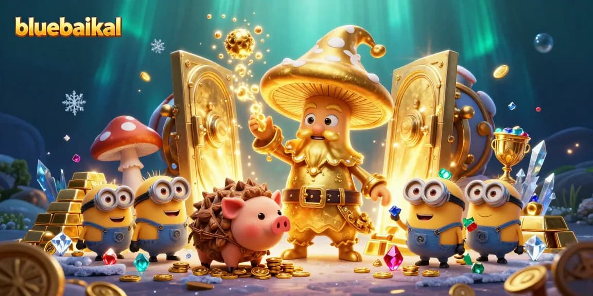 Experience thrilling gameplay with bluebaikal's golden treasures and magical characters in a vibrant casino illustration.