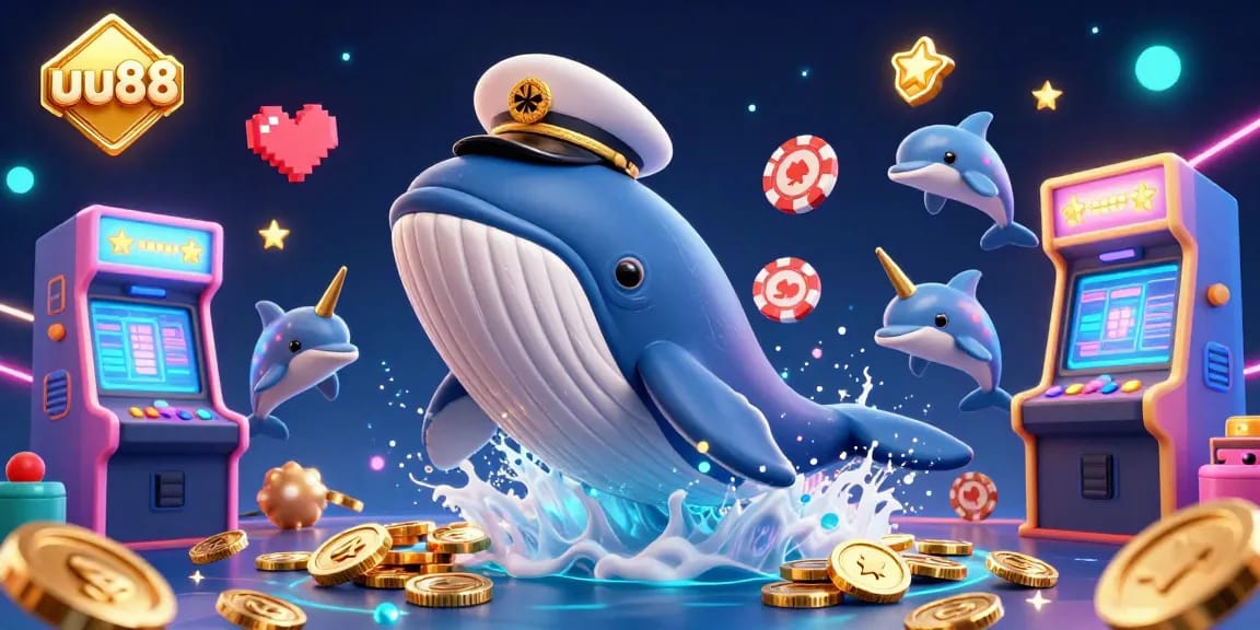 Experience thrilling gameplay with uu88's vibrant casino scene featuring a whale breaching in coins and dolphins with poker chips.