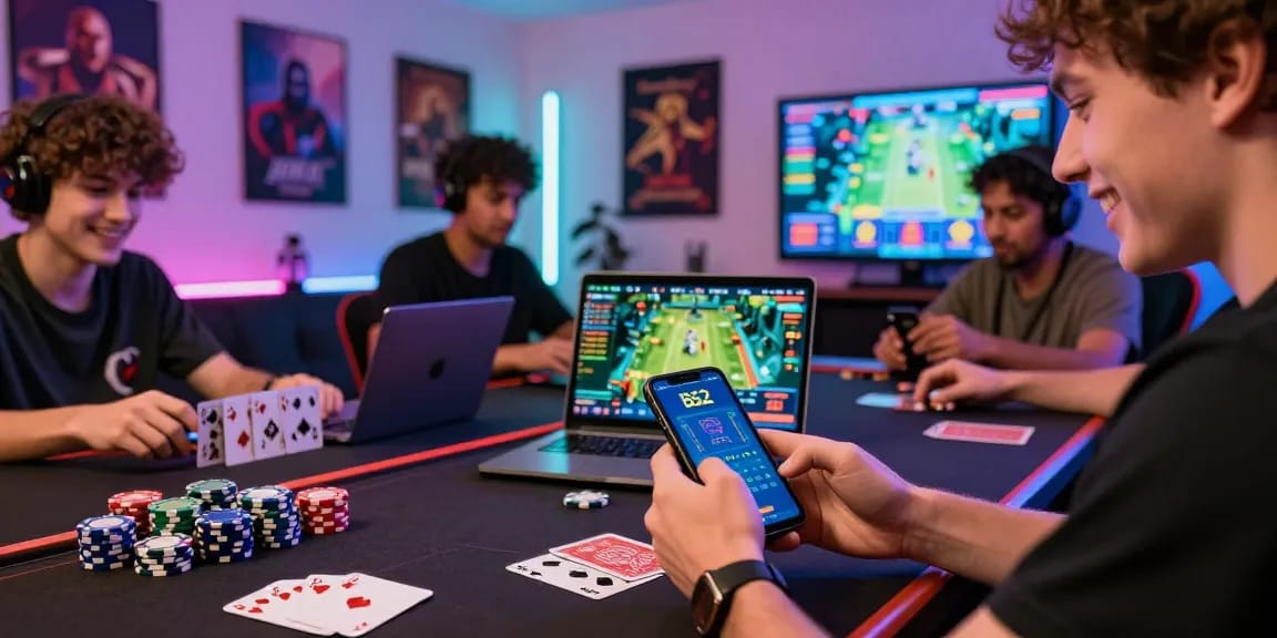 Enthusiastic player engaging with the B52 gaming app, surrounded by gaming elements.