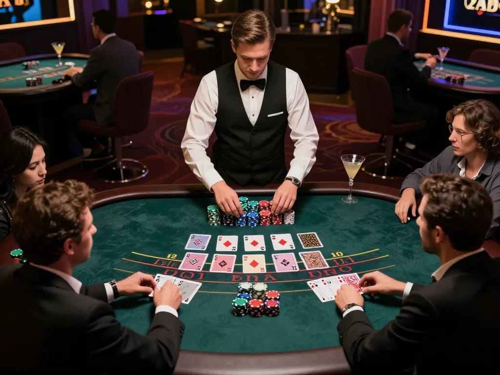 Người chơi tại bàn blackjack LUCK8 thực hiện các cược chiến lược trong môi trường casino cao cấp.