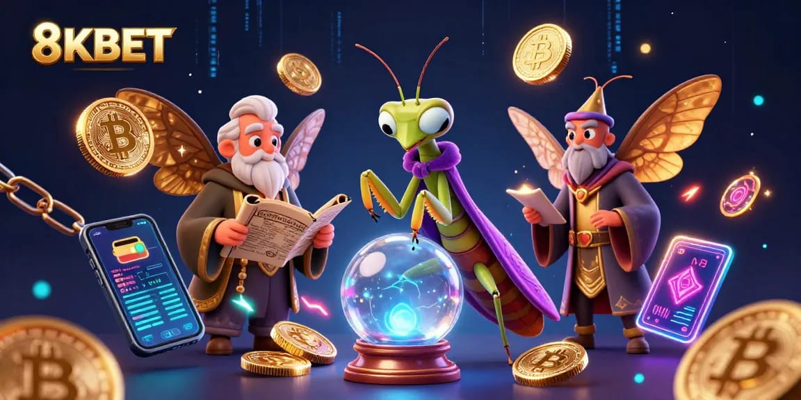 Engage with 8KBET fortune teller and magical elements in a lively casino scene