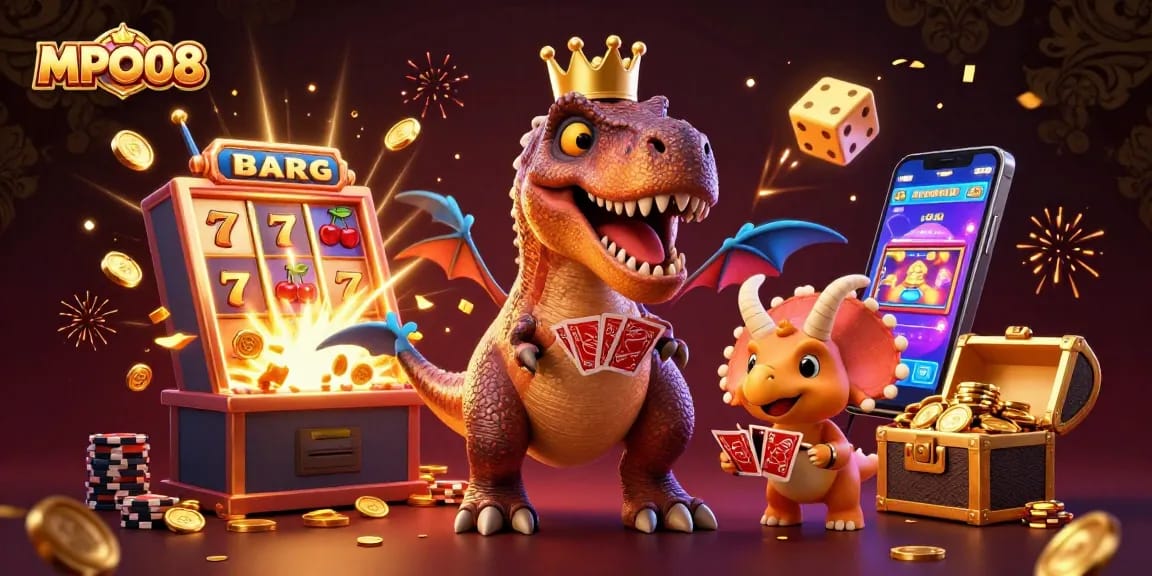 Experience exciting gameplay with MPO08 featuring vibrant characters, slot machines, and colorful casino elements.