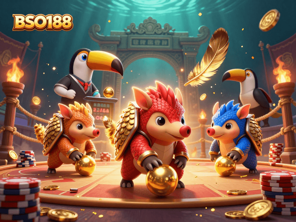 Engage with BSO188 and witness rival pangolins competing amidst vibrant casino elements.