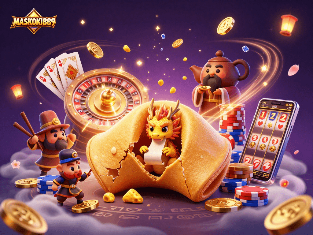 Experience MASKOKI889 with a golden fortune cookie, dragon, and casino elements in an exciting scene.