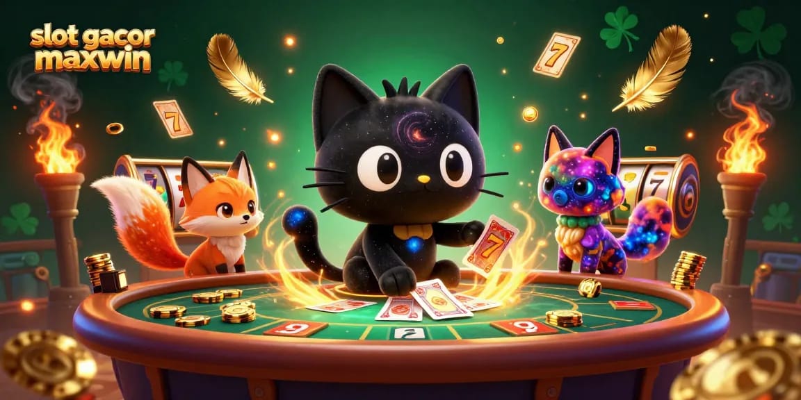 Engage in slot gacor maxwin excitement with a cosmic cat pulling in golden chips amid swirling gambling elements.