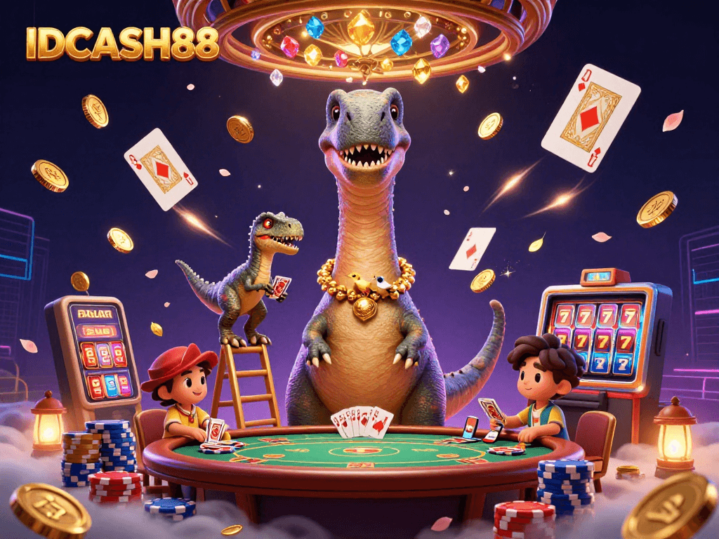 IDCASH88's vibrant 3D casino scene features a giant brontosaurus and clever raptor dealer amidst sparkling game elements.