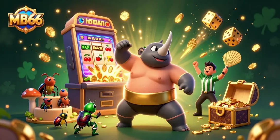 MB66 brings excitement with a sumo beetle champion amid dazzling slots and casino elements.
