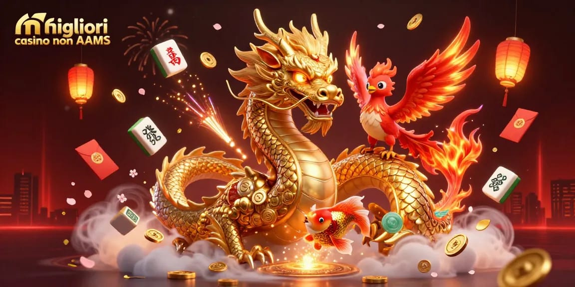 Immagine dei migliori casino non AAMS con draghi, fenici e carpe, circondata da elementi di gioco e atmosfere festose.