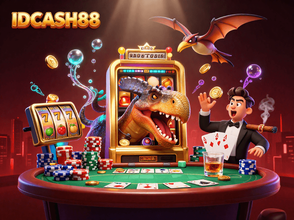 IDCASH88 slot excitement with a pachycephalosaurus hitting a slot machine, winning golden coins