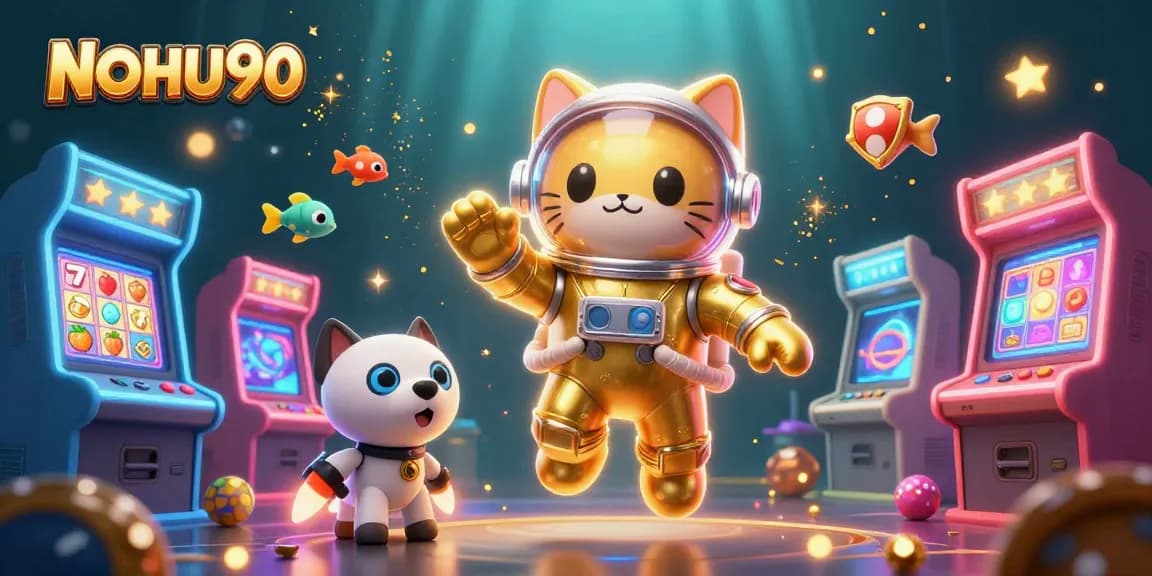 Experience slots gaming like never before with NOHU90, featuring floating symbols, character, and vibrant elements.