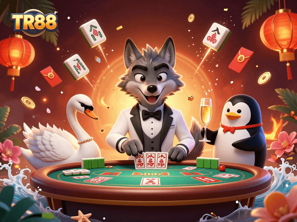 Engage with TR88's lively casino scene featuring a wolf at baccarat, swan dealer, and penguin sommelier.