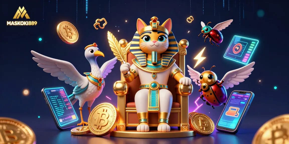 Experience exhilarating gameplay with MASKOKI889, featuring a pharaoh cat amidst crypto elements.